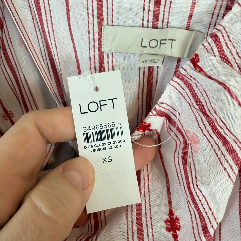 NWT LOFT Striped Ruffle Strappy Tiered Smocked Midi Dress White Red Pink XS - Picture 11 of 15